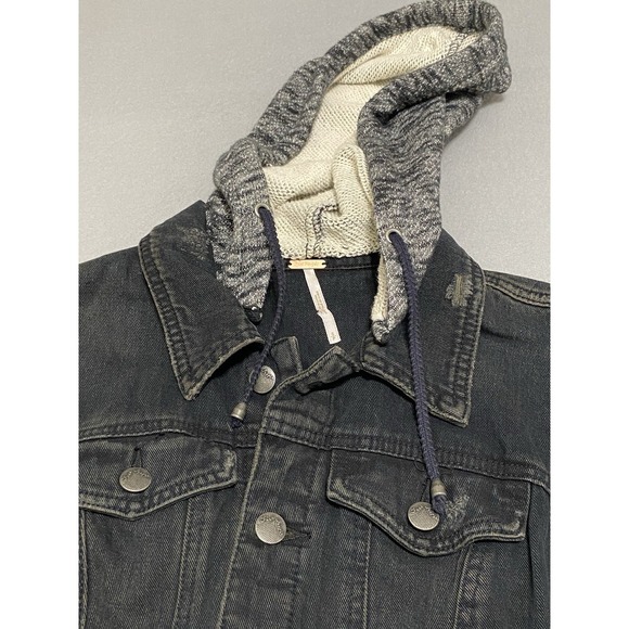 Free People Women's Small Black Distressed Denim Jacket Knit Sleeves Hood Grunge - Picture 3 of 12
